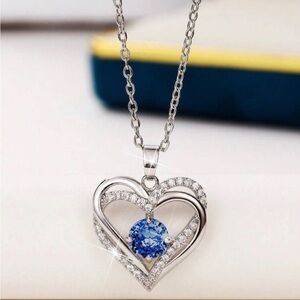 Silver Cubic Zirconia Blue Heart Necklace, Cubic Zirconia Heart Necklace